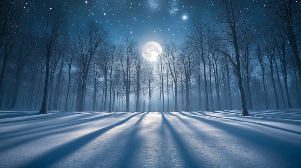 Forest winter scene with moonlight on snow.